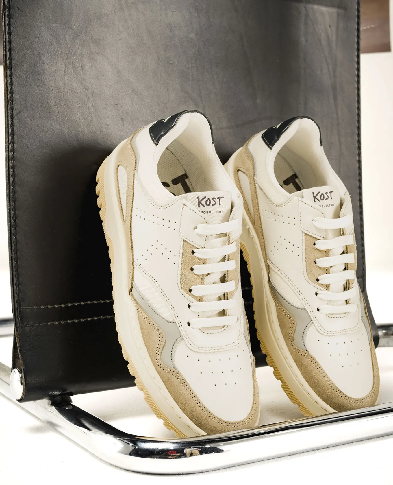 JAYDEN F Sneakers Cuir Ecru-Taupe Femme